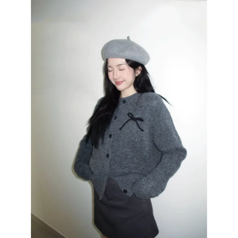 

Retro ey Knitted Open Cardigan Women's Spring Sle 3D Knot Outerwear Sweater Jaet Vintage Feel Loose Fit