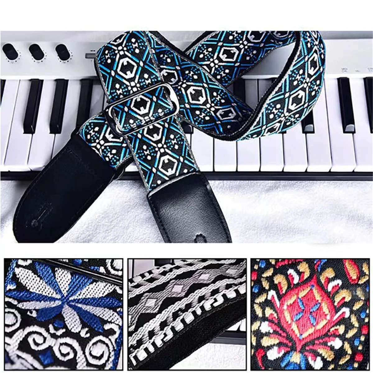 10Pcs Embroidered Print Guitar Strap Vintage Ethnic Style Adjustable Guitars Strap Includes 5 Guitar Picks and 1 Hold