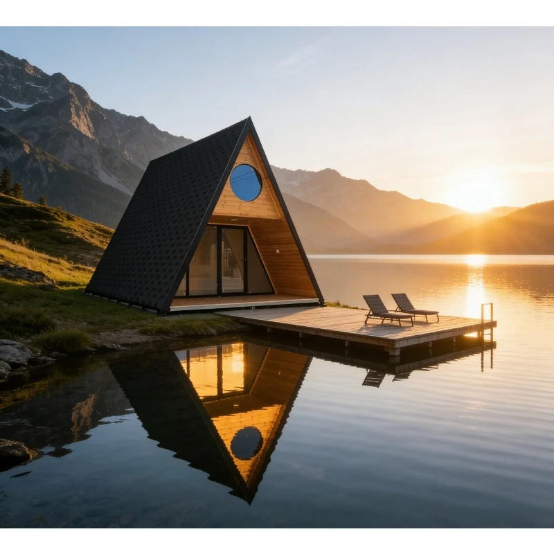 Prefabricated A-frame Triangle Cabin Steel Structure Double Story with Terrace Wood Appearance Luxury Resort Chalet