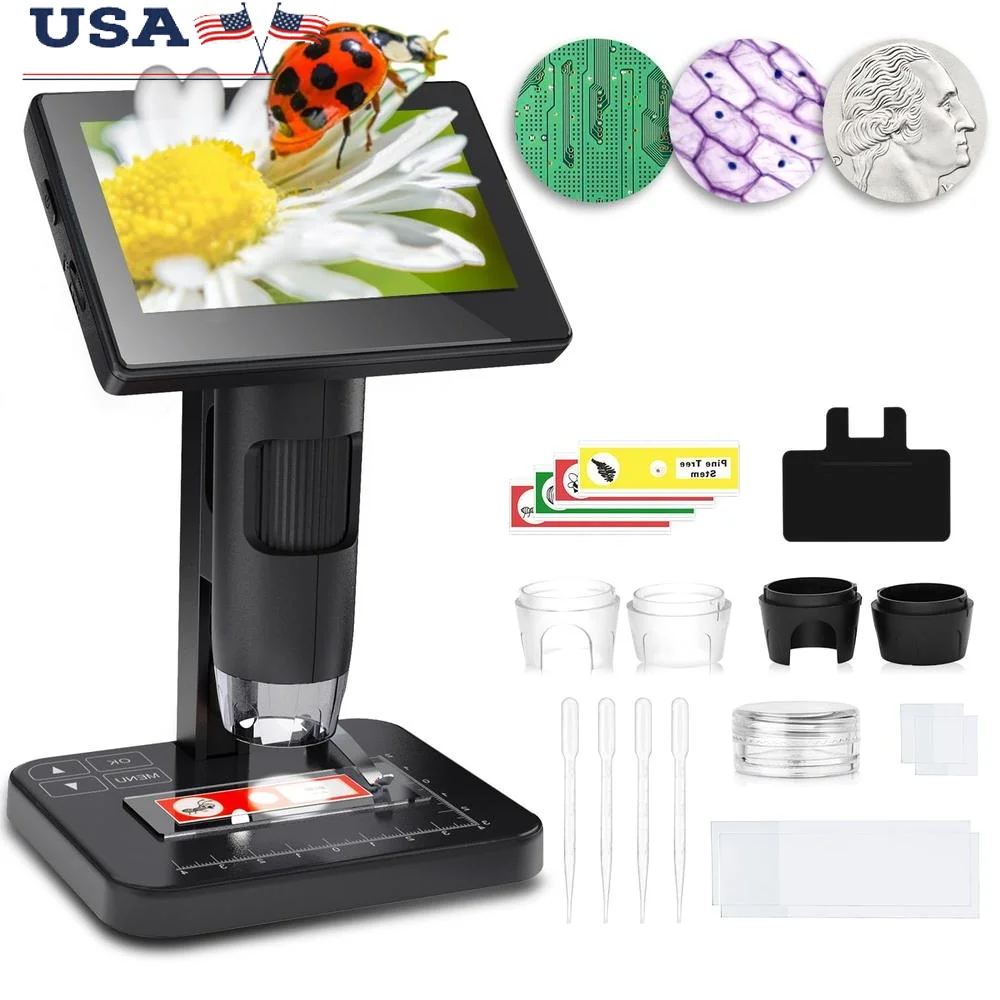 Digital Microscope 5.0'' Screen 8000x Adults Kids Photos Videos Observing Cells Coin Kit Glass Slides Cover Slips Specimens