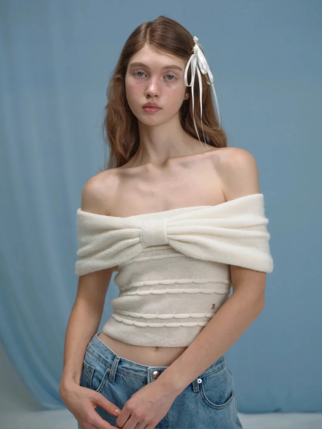 Korean Style  Knot One Shoulder Slim Fit Knitted Sweater Women's Sexy Autumn Winter Fashion Commute Pure Color