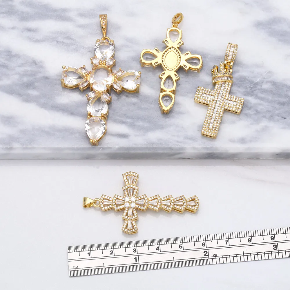 OCESRIO Large Cross Pendants for Jewelry Making Gold Plated Copper Zircon Supplies for Religious Jewelry DIY Components pdta632