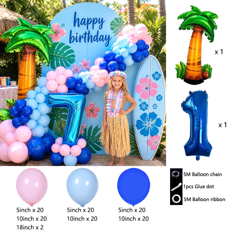 Stitched Tropical Balloon Garland Arch Kit Summer Hawaiian Beach Party Decor for Kids Happy Birthday Photo Backdrop Supplies