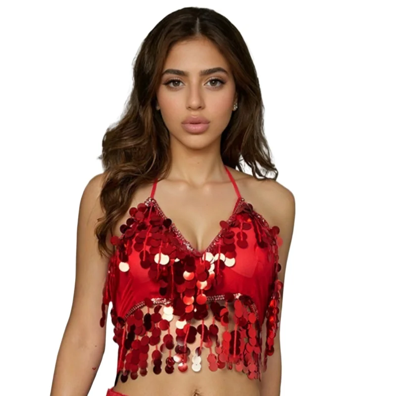 

Женский сексуальный топ на подтяжках с блестками и бахромой, сценический костюм для танца живота, бюстгальтер для индийского танца, тренировочный костюм