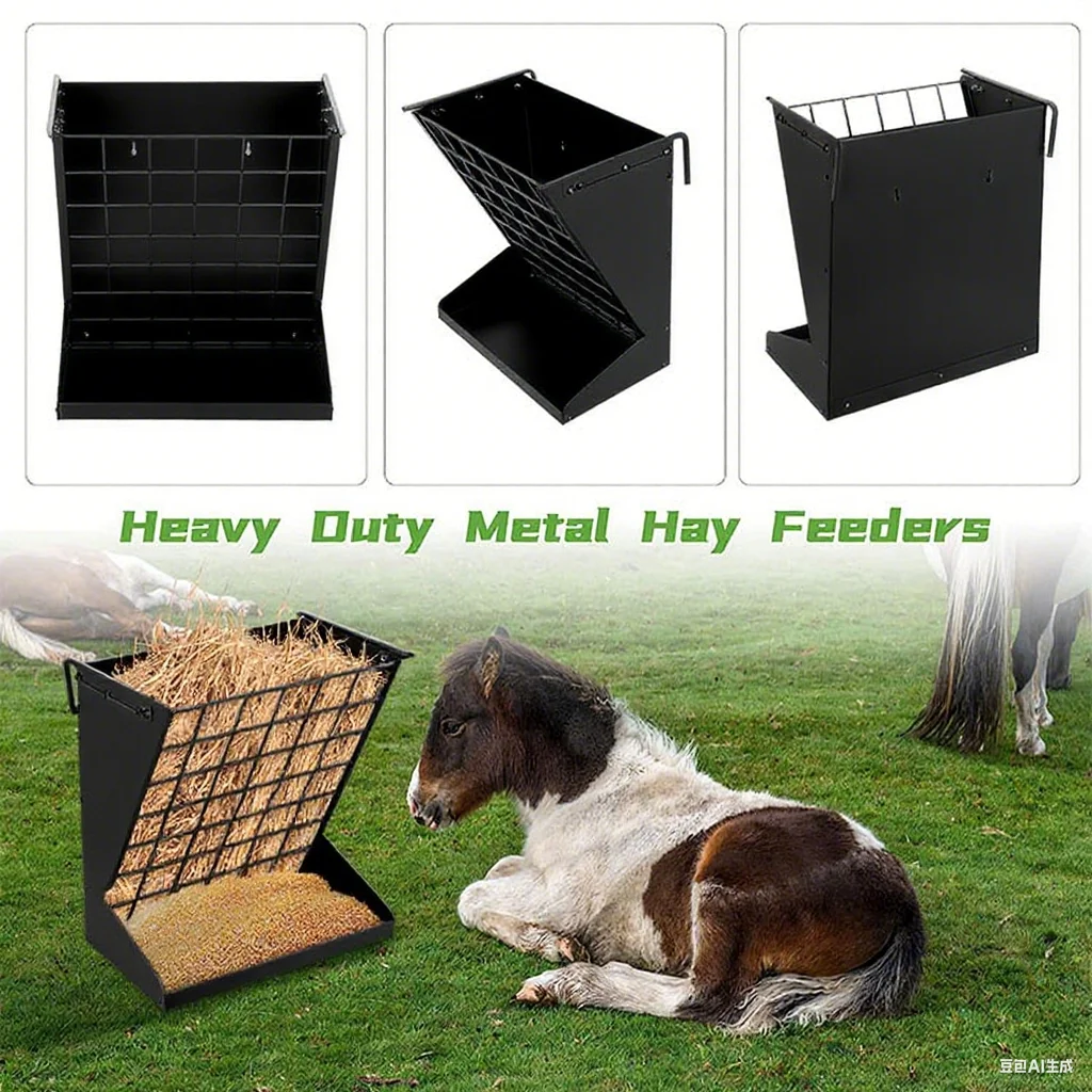 رف مغذي القش المعدني المجلفن 2 في 1 مثبت على الحائط باللون الأسود للماعز/الأغنام/الخيول #5