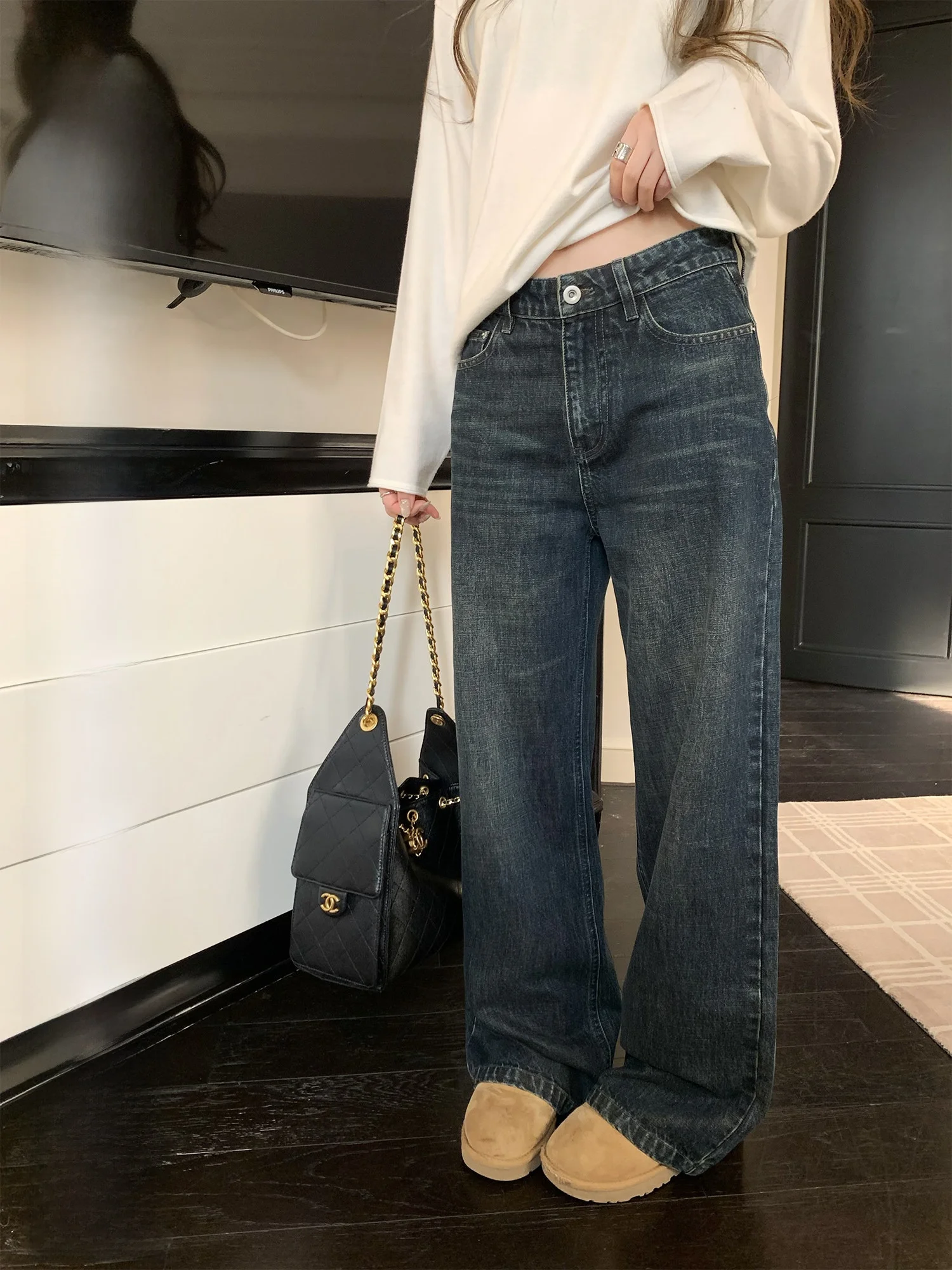 

Женские джинсы с высокой талией, темно-синие, в стиле ретро, прямого кроя, весенняя новинка, утягивающие, универсальные, струящиеся, с эффектом драпировки