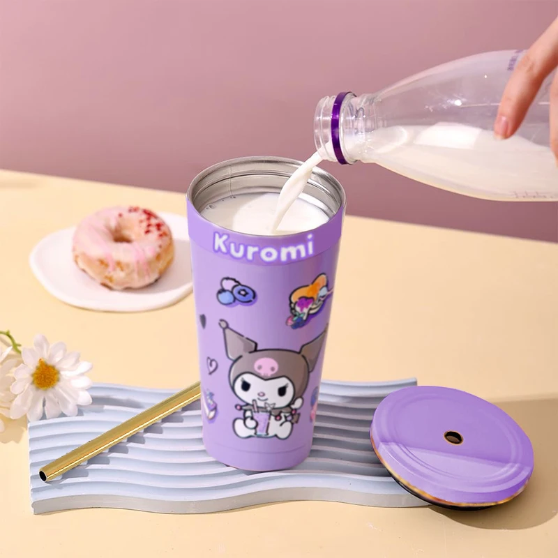 500ML Sanrio Kuromi Tumbler With Straw Cup Coffee Vacuum Cup Student High Value Straw Adult Straight Drinking Office Cup Y2k