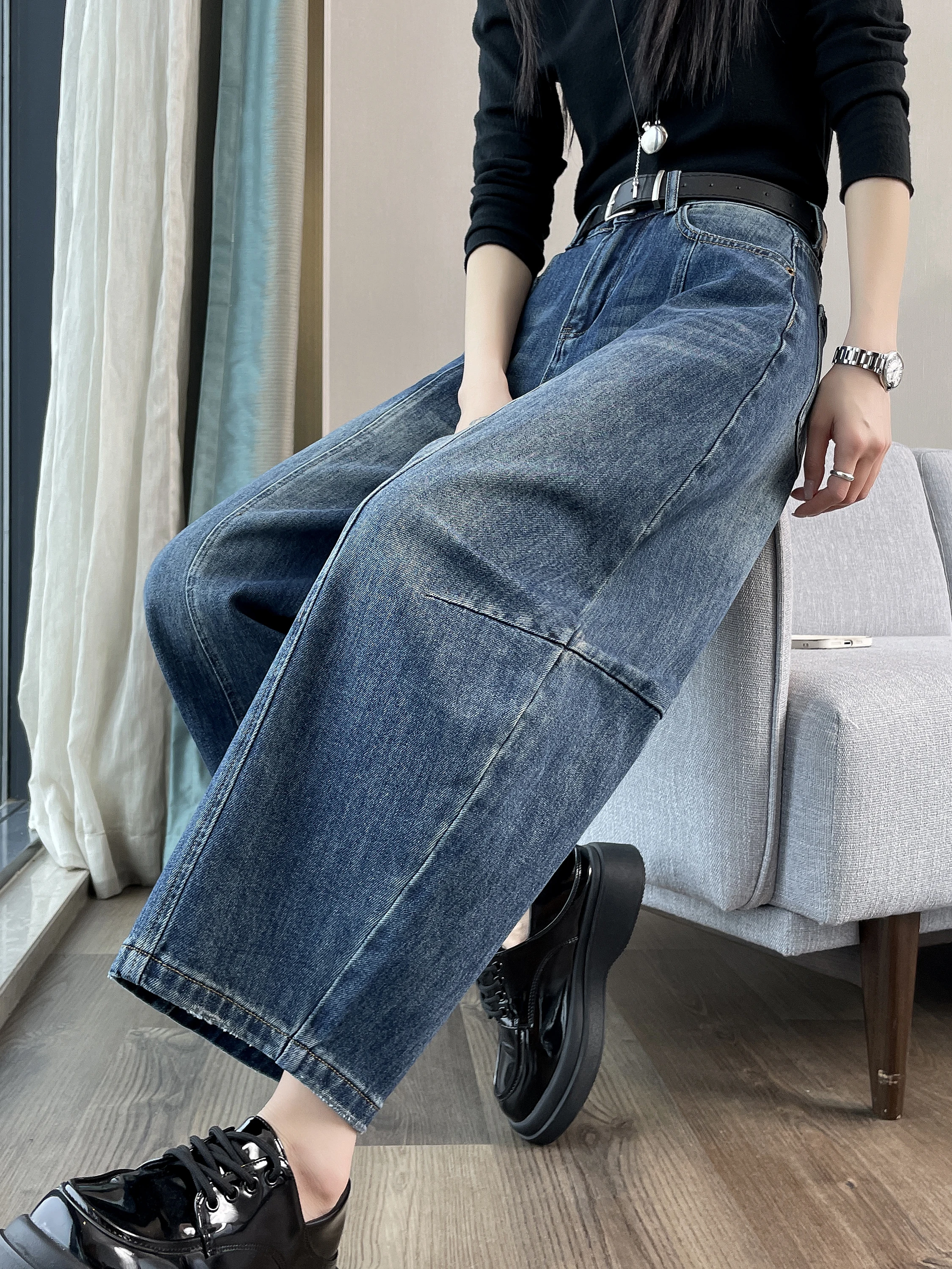 

Синие джинсы с завышенной талией, женские осенне-зимние новые свободные прямые брюки Rutabaga, брюки с девятью точками