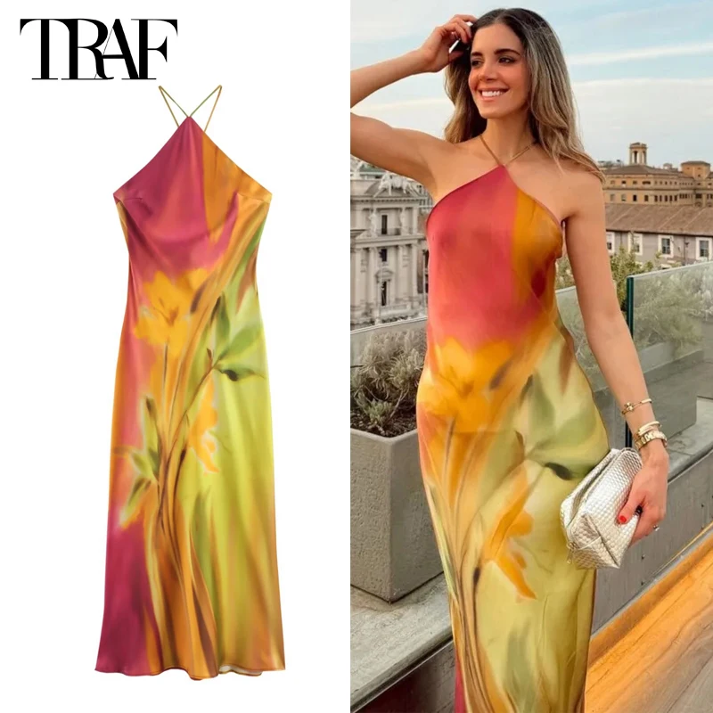 TRAF 2024 Print Satin Halter Dress Women Sexy Backless Midi Dress Woman Summer Party Dresses for Women Draped Slip Female Dress