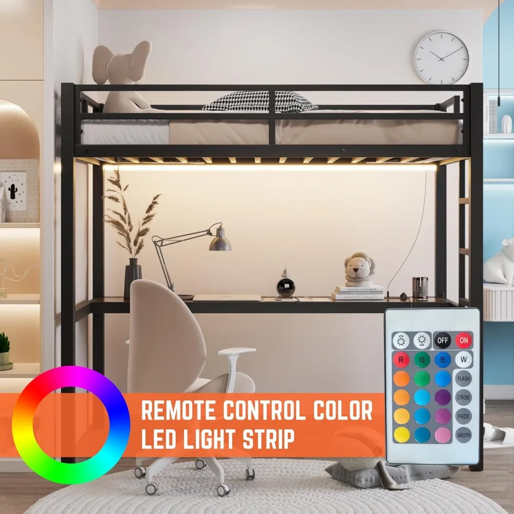 Cama doble de metal con escritorio, estructura de cama tipo loft de metal con toma de corriente USB y tiras de luces LED para niños y adolescentes, negro