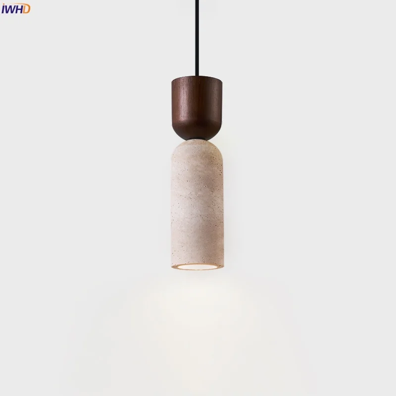 

IWHD Wabi Sabi LED Hanging Lamp Vintage Wood Yellow Travertine Dining Living Room Decoration Bedside Pendant Lighting Lamparas