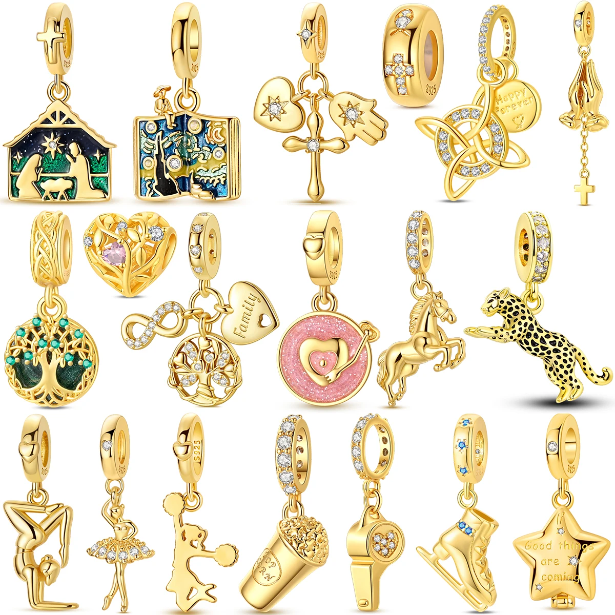 Sparkling 925 Sterling Silver Golden Horseshoe Leopard Clover Sun Charms Beads Airplane Bee Pendant Fit Bracelet Necklaces Gifts