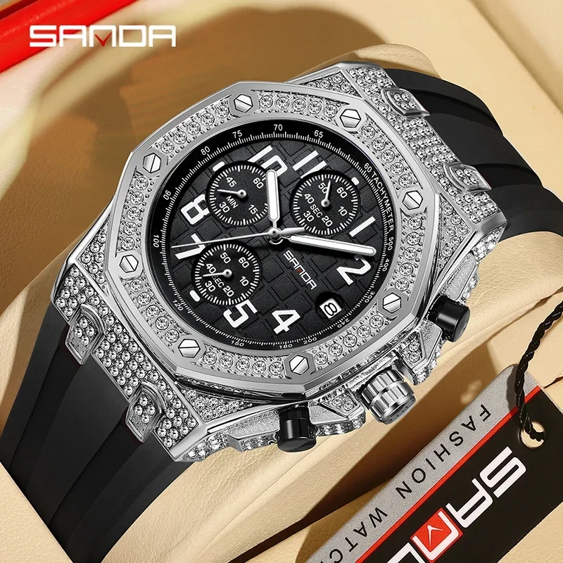 SANDA 7026 Men's Quartz Watch Fashion Leisure Diamond Luminous Date Simulation Display Silicone Strap Men's Gift Watch 2025 view 3