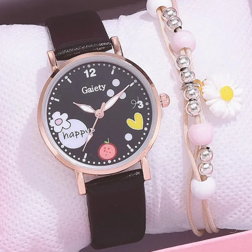 Conjunto de reloj de cuarzo con patrón de dibujos animados para niñas, relojes de moda para estudiantes, relojes para niños, reloj de pulsera rosa para niños, reloj femenino