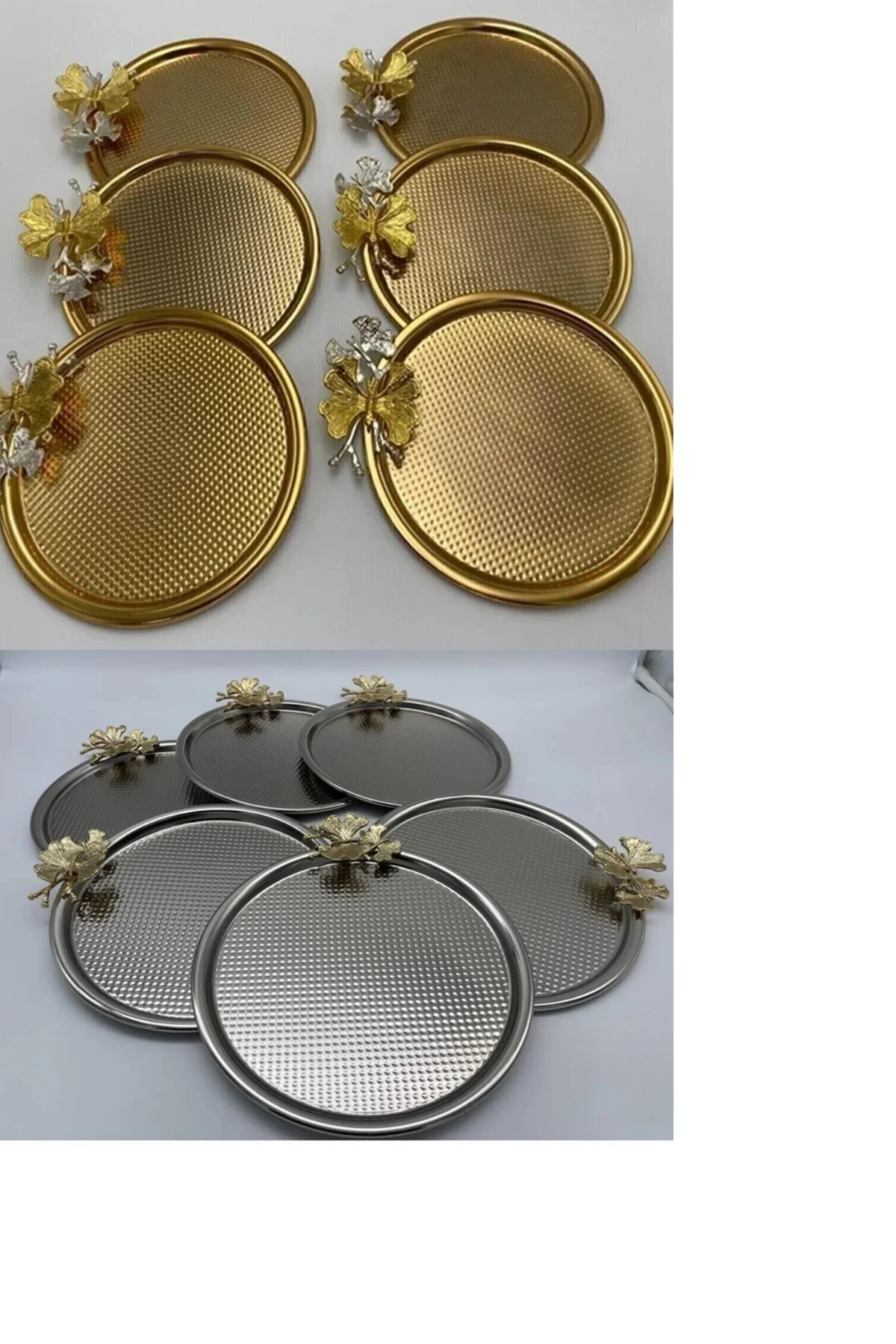 Home Kitchen Equipment 6 Pieces Gold Decorative Round Butterfly, Tea, Coffee, Dessert, Cake Serving Tray 22cm