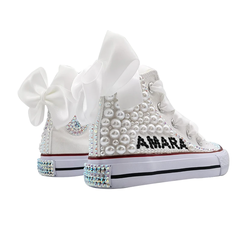 Name Custom Design Kids Shoes For Girl Communion Birthday Party Canvas Dollbling Handmade Bling Rainbow Pearls Sneakers