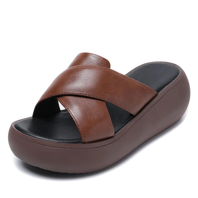 DRKANOL 2026 Women Summer Wedges Slippers Slip On Open Toe Cross Genuine Leather Chunky Platform Casual Slippers Outside Slides