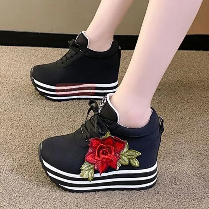 11CM Luxury Women's Sports Shoes High-top Canvas Shoes Sweet Lace-up Shoes for Women Black Flowers Student Pretty Fairy Sneakers