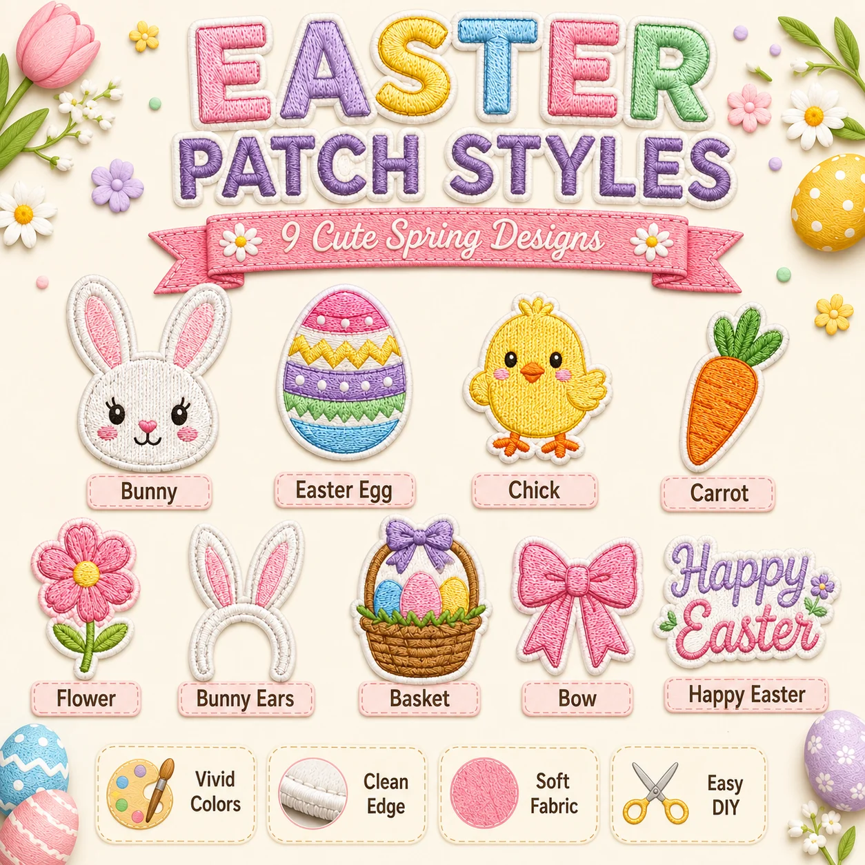 Custom Easter Embroidered Patches Bunny Egg Chick Carrot Iron On Sew On for Jackets Bags Hats Spring Holiday DIY Decorations