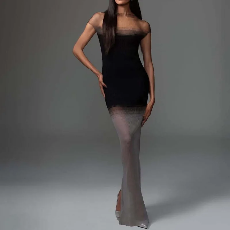 Summer New Women's round Neck Elastic Slim Fit Fish Thread Splicing Hollow Tank Sleeve Dress Fashionable Sexy Long Dress 2025