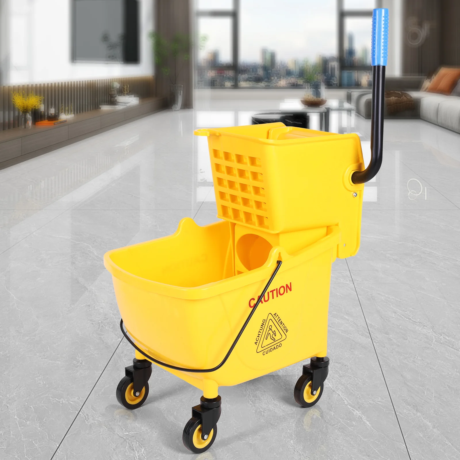 

24L Plastic Bucket Mop Wringer Wear Resist Squeezing Water Bucket Anti-Slip Creative Trolley Mop Bucket for Home/Restaurant/Hall