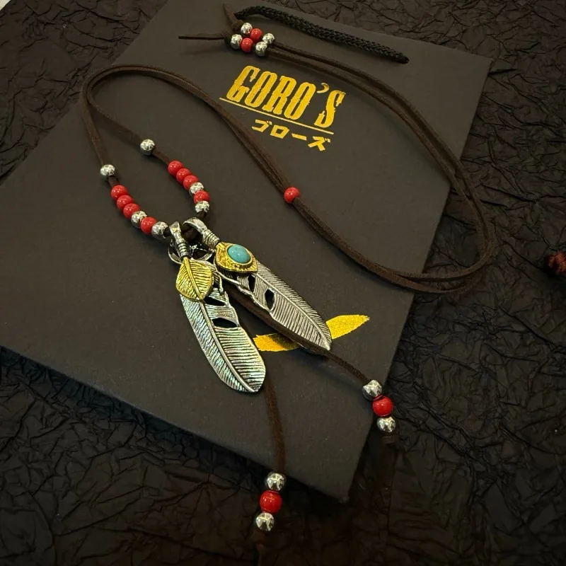

Japan Tide Takahashi Goros Vintage Turquoise Double Feather Pendant Glass Bead Rope Necklace Fashion Trend Couple Versatile