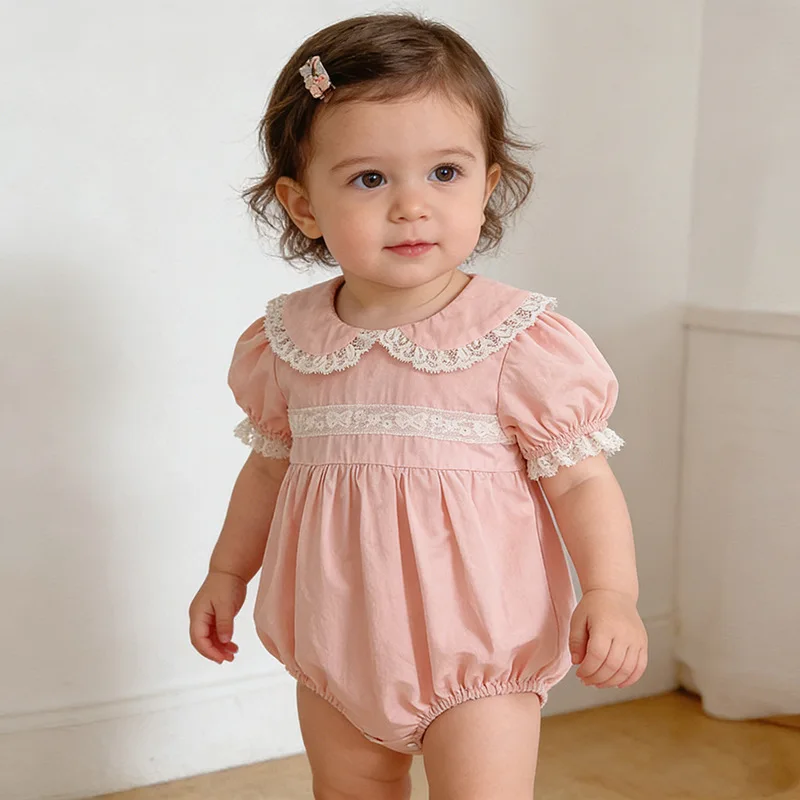 

Baby Girl Summer Short Sleeve Lace Doll Collar Bodysuit Romper Newborn Princess Triangle Jumpsuit Cotton Soft Breathable Outfits