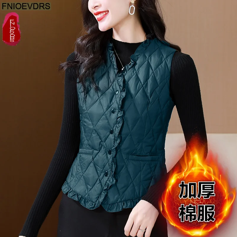 Gilet court chaud femmes manteaux vêtements de dessus d'hiver dame élégante épaissir nouveau quotidien hiver tout Match réservoirs haut volants sans manches Parkas