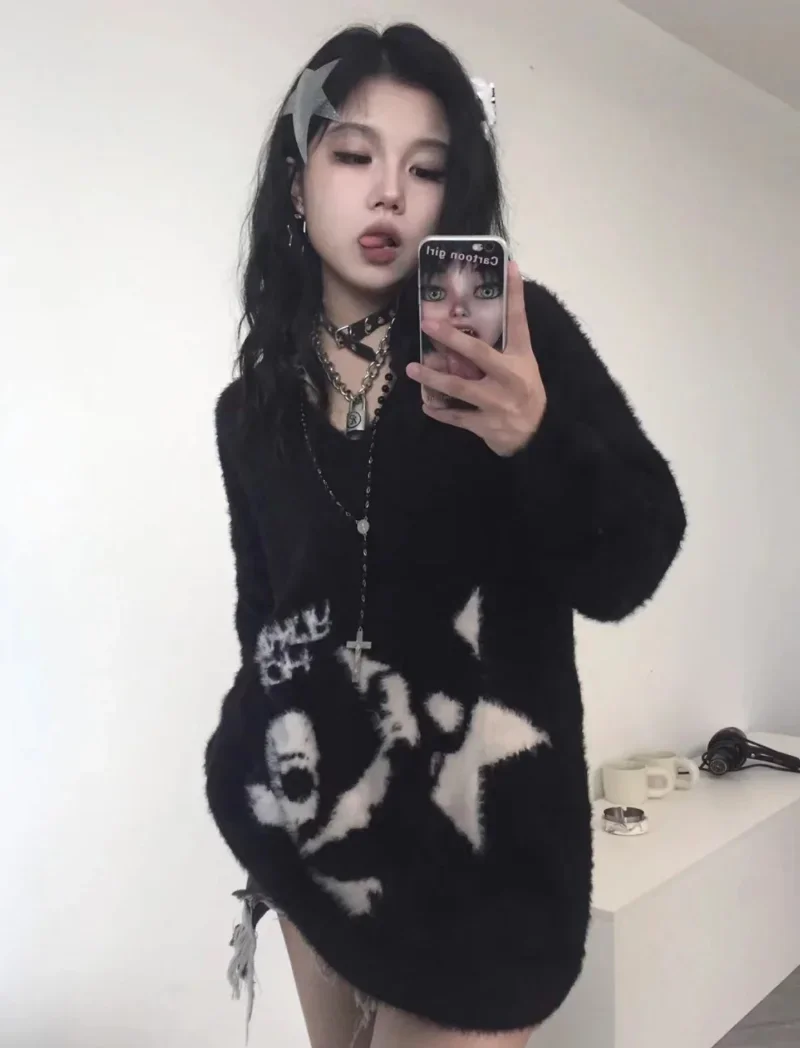 Black Gothic Skulls Sweater Grunge Dark Aesthetics Knitted Jumper V-neck Harajuku Loose Mohair Pullover Emo Alt Knitwear Y2k