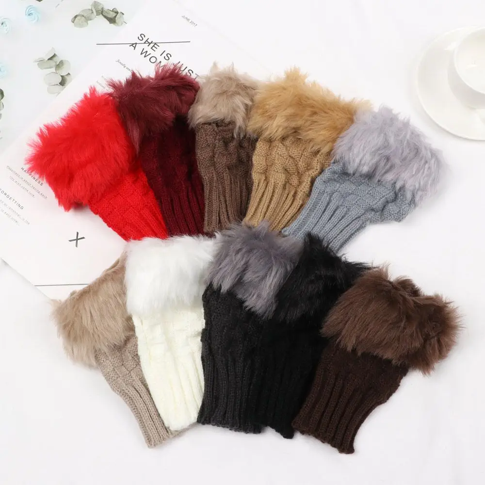Women Girls Half Finger Keep Finger Warm Faux Rabbit Hair Gloves Thicken Warm Warm Mittens Knitted Gloves