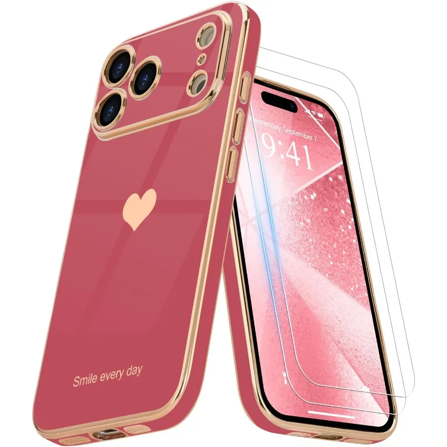 حافظة هاتف ناعمة ذهبية فاخرة على شكل قلب لطيفة مع واقي شاشة مدمج لهاتف iPhone 17 Pro Max [عبوة من قطعتين] - مقاوم للصدمات Ca