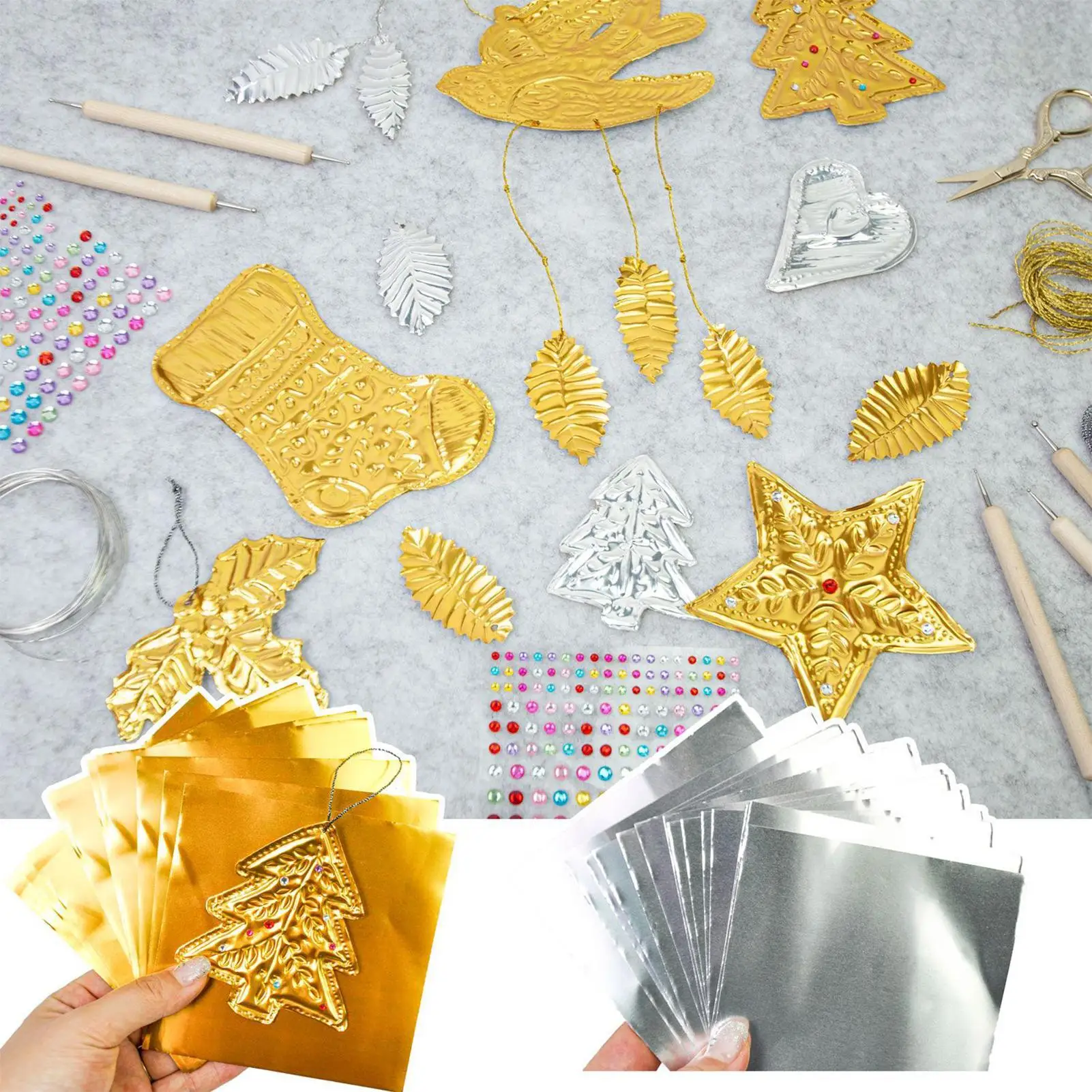 10-Blatt-Bastelset aus handgefertigtem Folienpapier mit schimmerndem Gold und Silber, Weihnachtsmalerei, Gravur, Montage, Kunstornamentherstellung