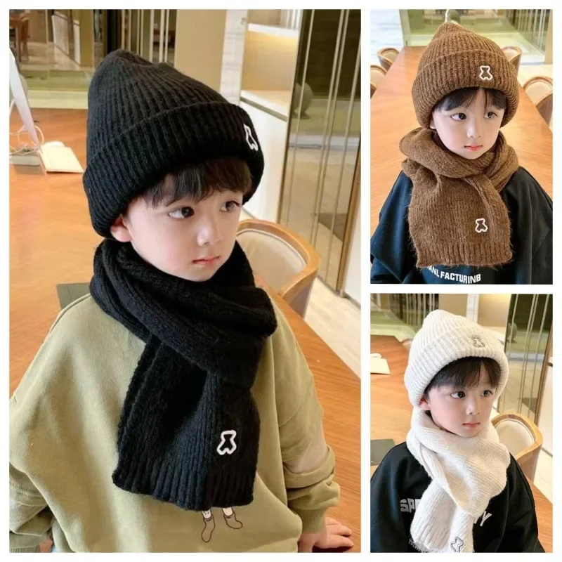 Sporty Fashion Kids Beanie Scarf Set for Boy Girl Simplicity Solid Color Crochet Bonet Scarf Set Autumn Winter Warm Knitted Hat