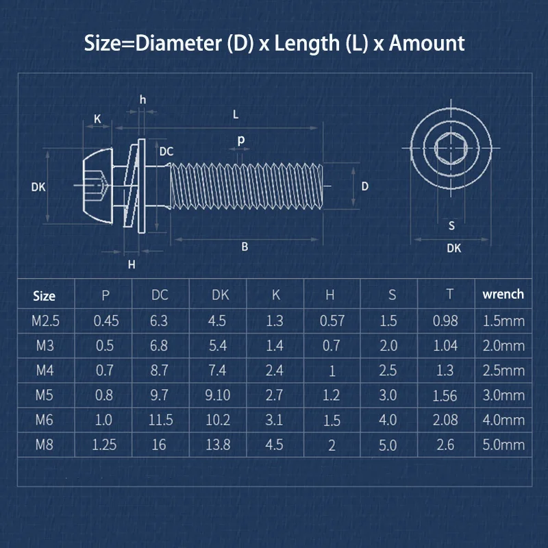 M2.5 M3 M4 M5 M6 M8 Pan Head Hexagon Socket  Screws Bolts With Washer Three Combination Machine Sems Screw 304 Stainless Steel