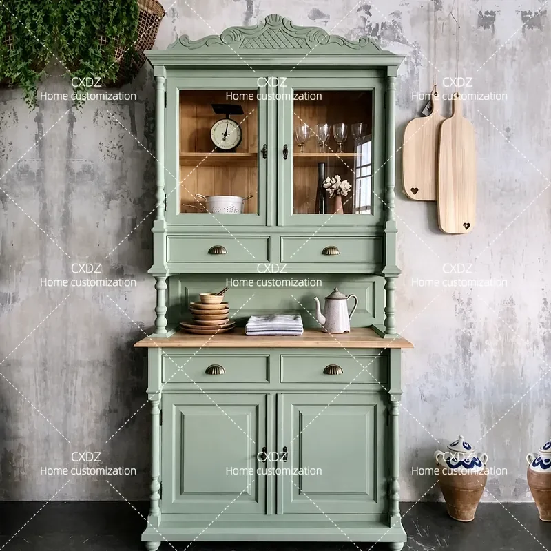 Retro Solid Wood Dining Side Cabinet Green Carved Double Door Storage Locker for Living Room Home Furniture