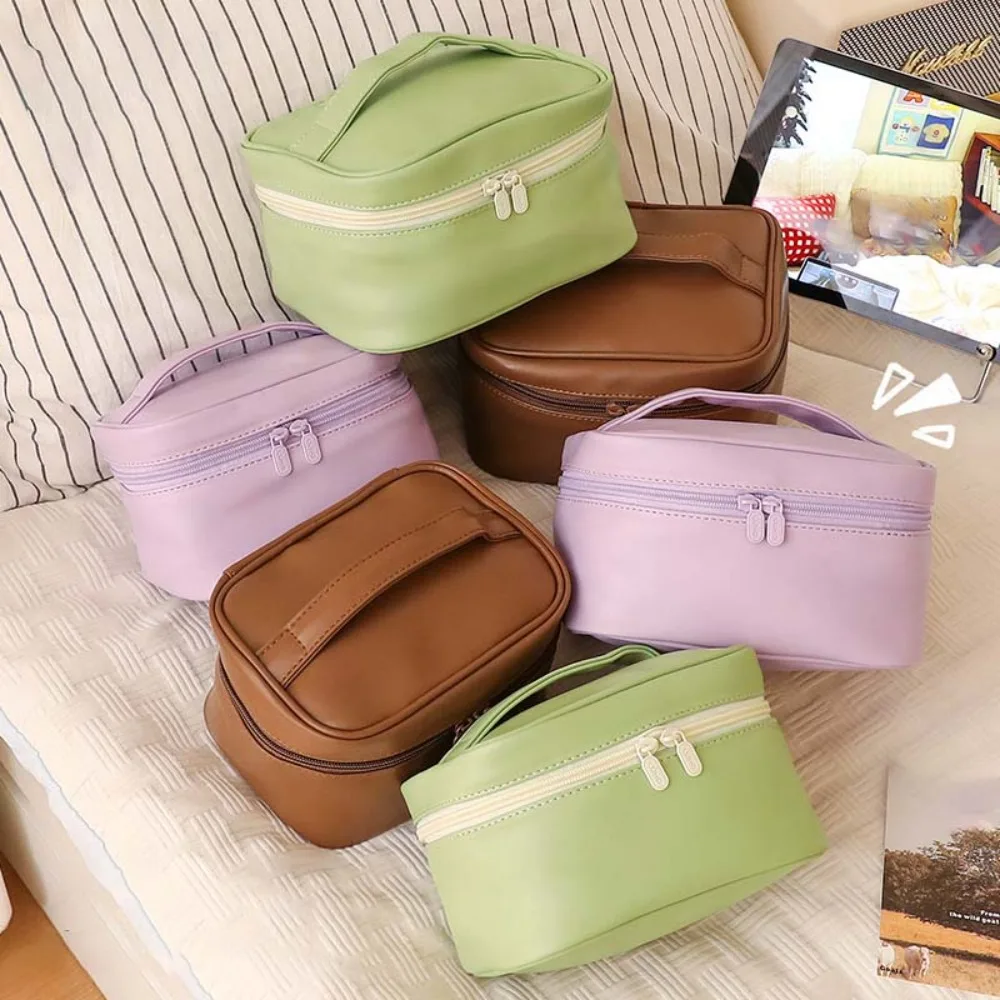 

Polyester PU Cosmetic Bag Anti-splash Water Three-dimensional Make Up Pouch Bag Green 2 Sizes Solid Color Storage Handbag Daily