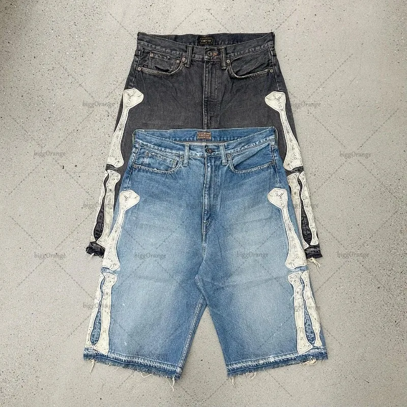 Y2k europejska i amerykańska moda uliczna luźne ubrania Harajuku Retro czaszka Jeans męskie modny, wytarty Casual oversize szorty damskie