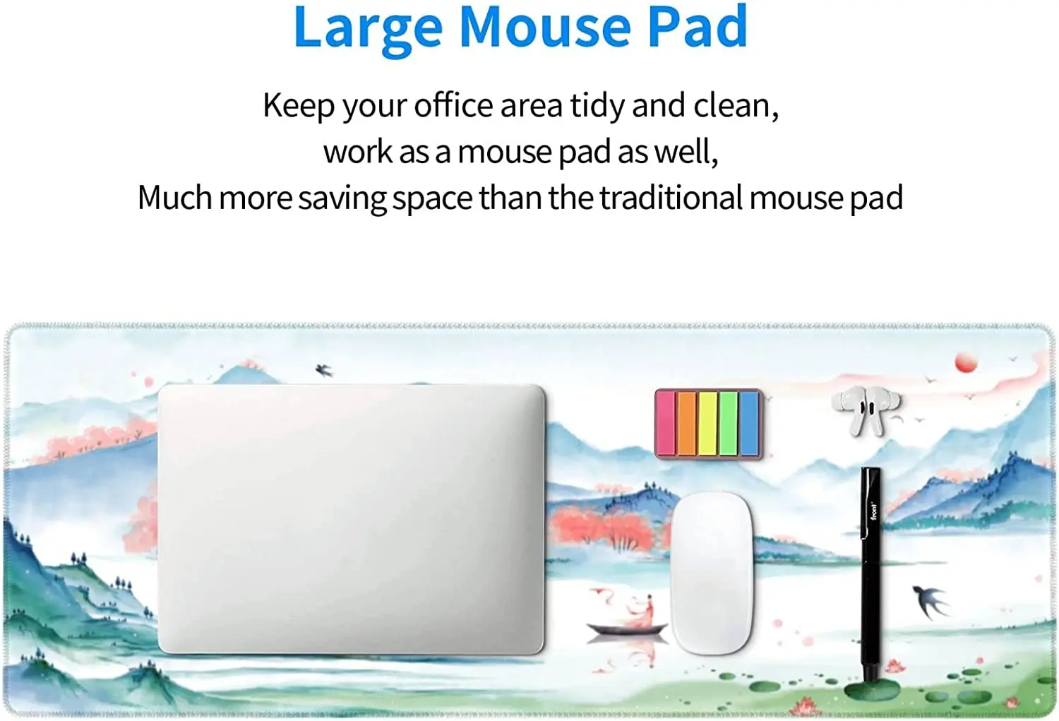 Landscape Ink Painting Gaming Mouse Pad XL Large Non Slip Rubber Mousepad Stitched Edges Desk Pad 31.5X11.8