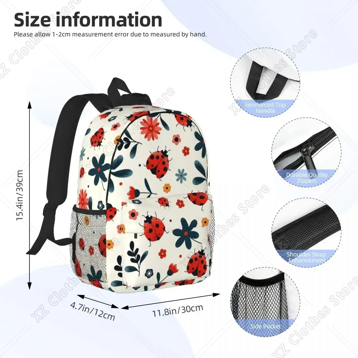 Ladybugs And Flowers Backpack Student Boys Girls BookBag Kids School Bag Laptop Shoulder Bags for Men Women