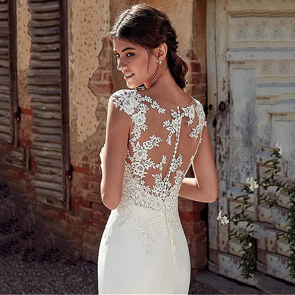 Cap Sleeve Appliques Lace Sheath Wedding Dress 2023 Illusion Bohemian Bridal Gowns Beach Satin Vestido De Novia