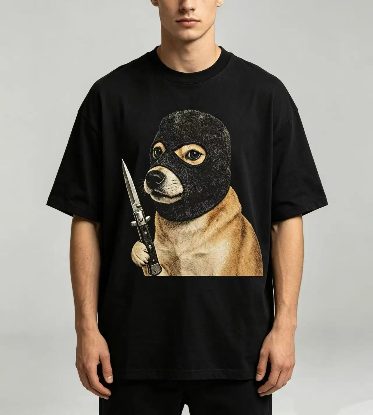 Unisex Funny Dog Balaclava Hold Knife Graphic T‑Shirt Men Women Cool Pet Oversized Cotton Short Sleeve Tee