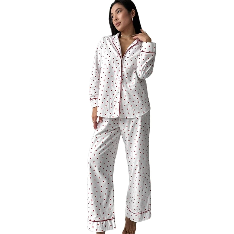 Women Heart Print 2Pcs Long Sleeve Button Up Shirt Pant Pajamas Set