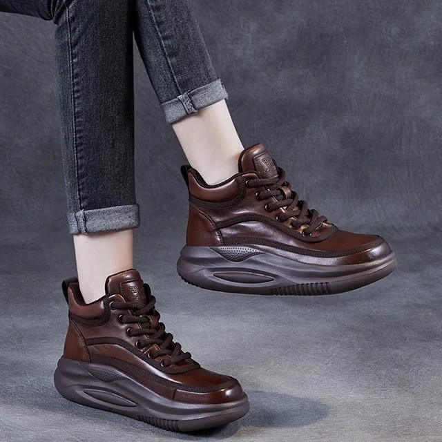 

High Top Sporty Women's Shoes with Laces in Top Layer Cowhide Leather Comfortable Casual Shoes for Daily Wear Fashionable
