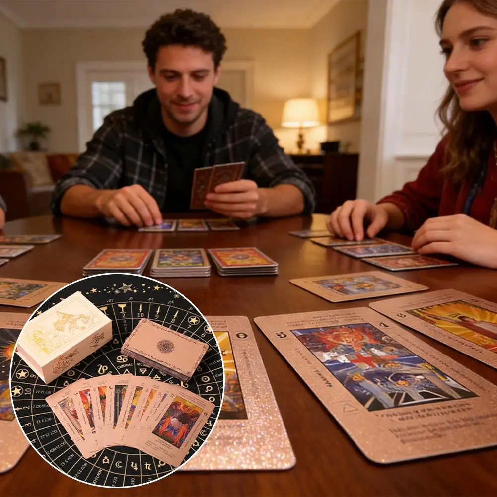 78-Card Full Set Gold-Foiled Rose Gold Tarot Cards - Waterproof PET Plastic Durable Tarot Deck For Beginners Fortune Telling