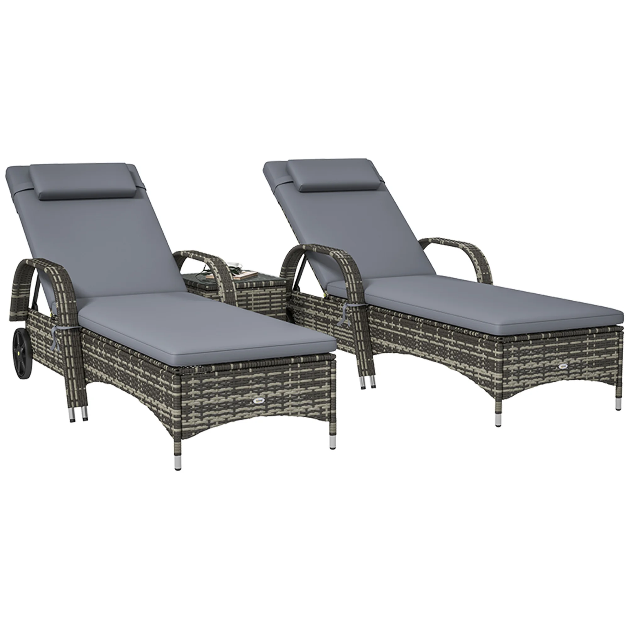 3-Piece Outdoor Furniture Set, 2 Reclining Chairs, Cushions, Wheels, Side Table, Pe Rattan Furniture