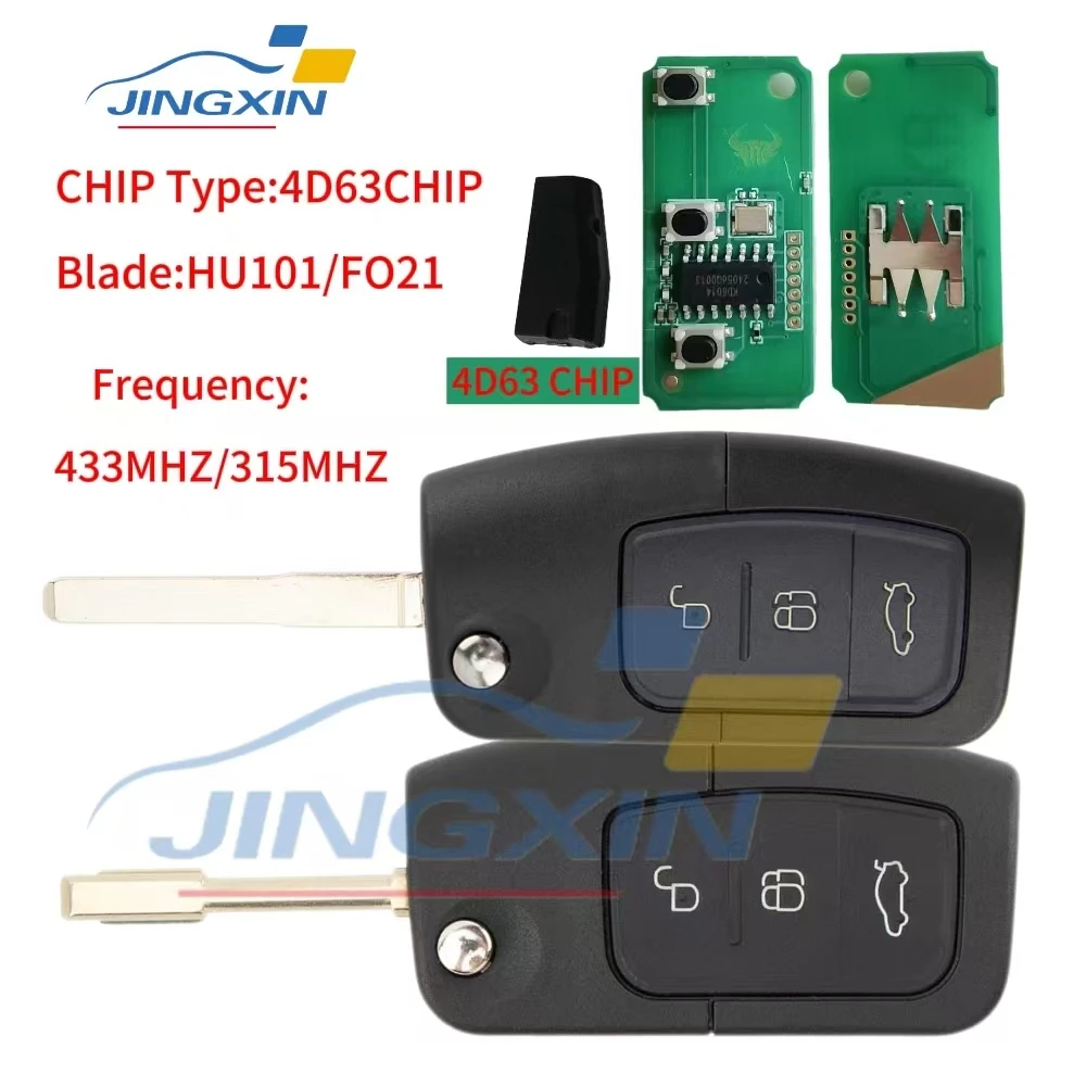 JINGXIN 433MHz 4D63/4D60 Chip Remote Key For Ford Focus 3 Mondeo C Max S Max Galaxy Fiesta HU101 / FO21 Blade Case 3 Buttons car