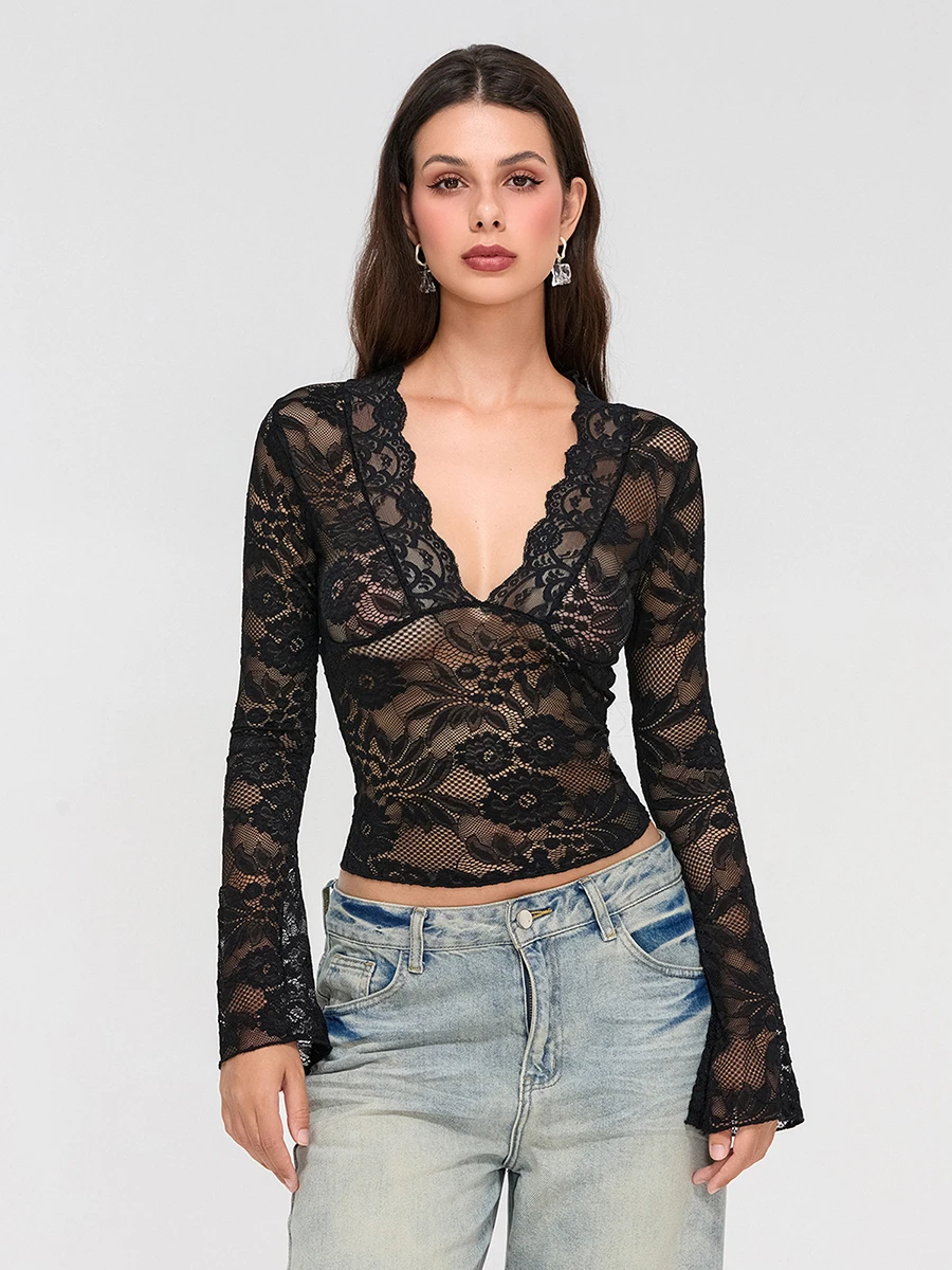 Captivating New Hot Women's Summer Vintage Fashion Lace Crop Tops Long Flared Sleeve Sheer Lace Floral Slim T-shirt Dailywear