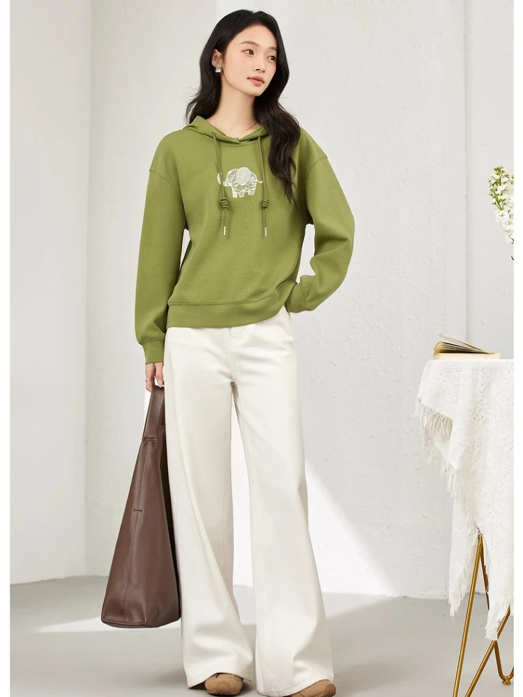 VIMLY Green Hoodies Woman Autumn 2025 Casual Elephant Funny Embroider Loose Ribbed Cuffs Female Sweatshirts Clothes Woman A2001