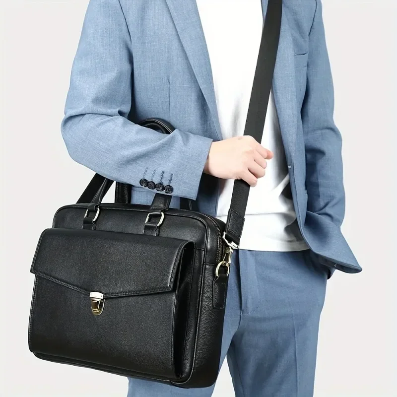 Men’s Top Grain Cowhide Leather Briefcase, Genuine Business Travel Laptop Bag, Large Capacity Handbag