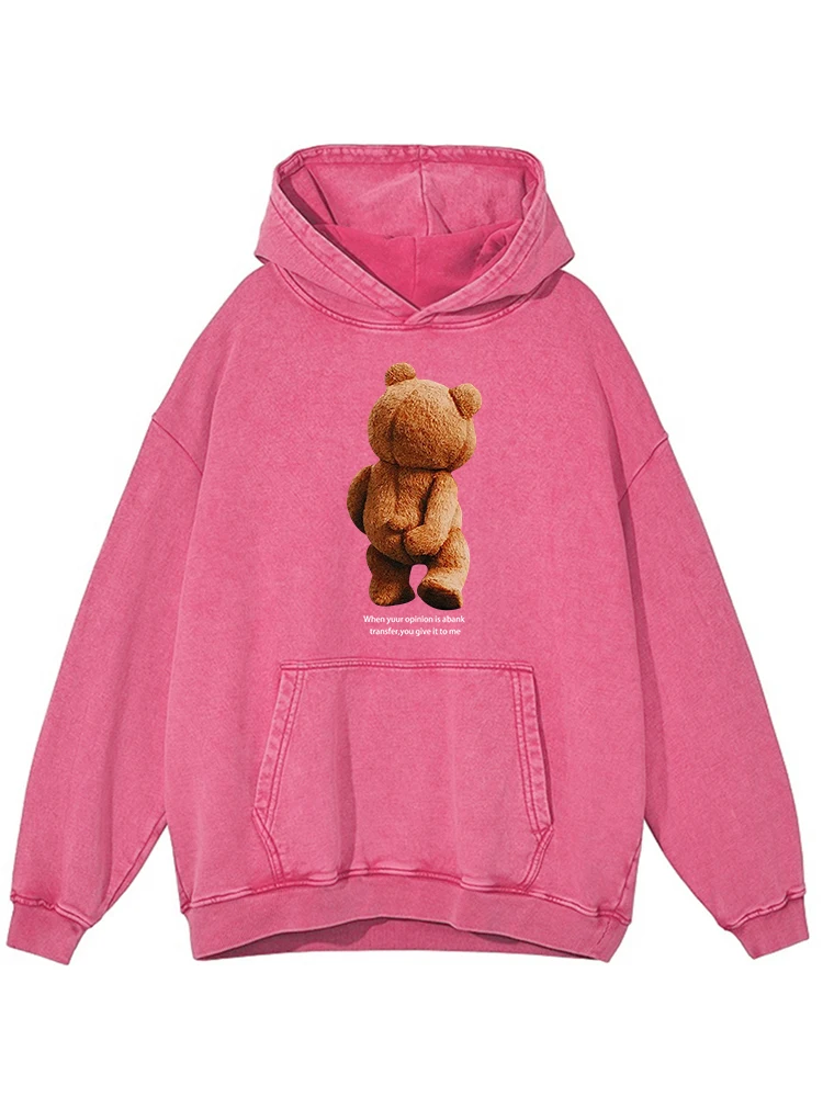 DistMurcia-Sweat à capuche en coton lavé imprimé petit ours pour femme, sweat à capuche de rue décontracté, vêtements chauds d'automne, mode